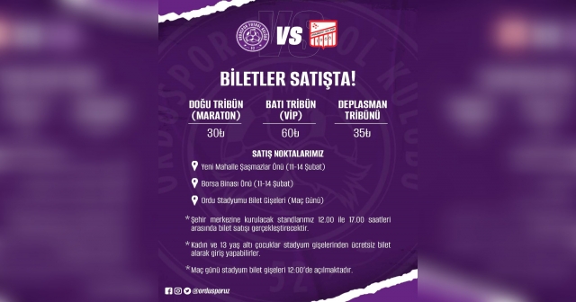 52 Orduspor - Ayvalıkgücü Maçı Bilet Fiyatları ve Satış Noktaları